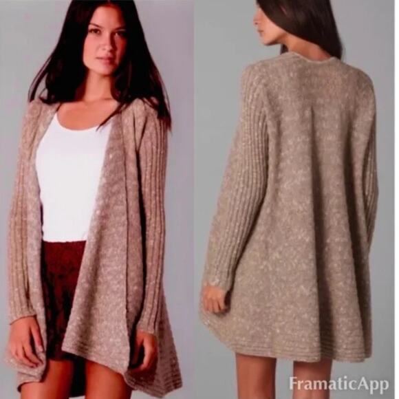 Free People Brown Knit Ribbed Open Front Wool Blend Long Sleeve Cardigan Size S - Picture 1 of 6